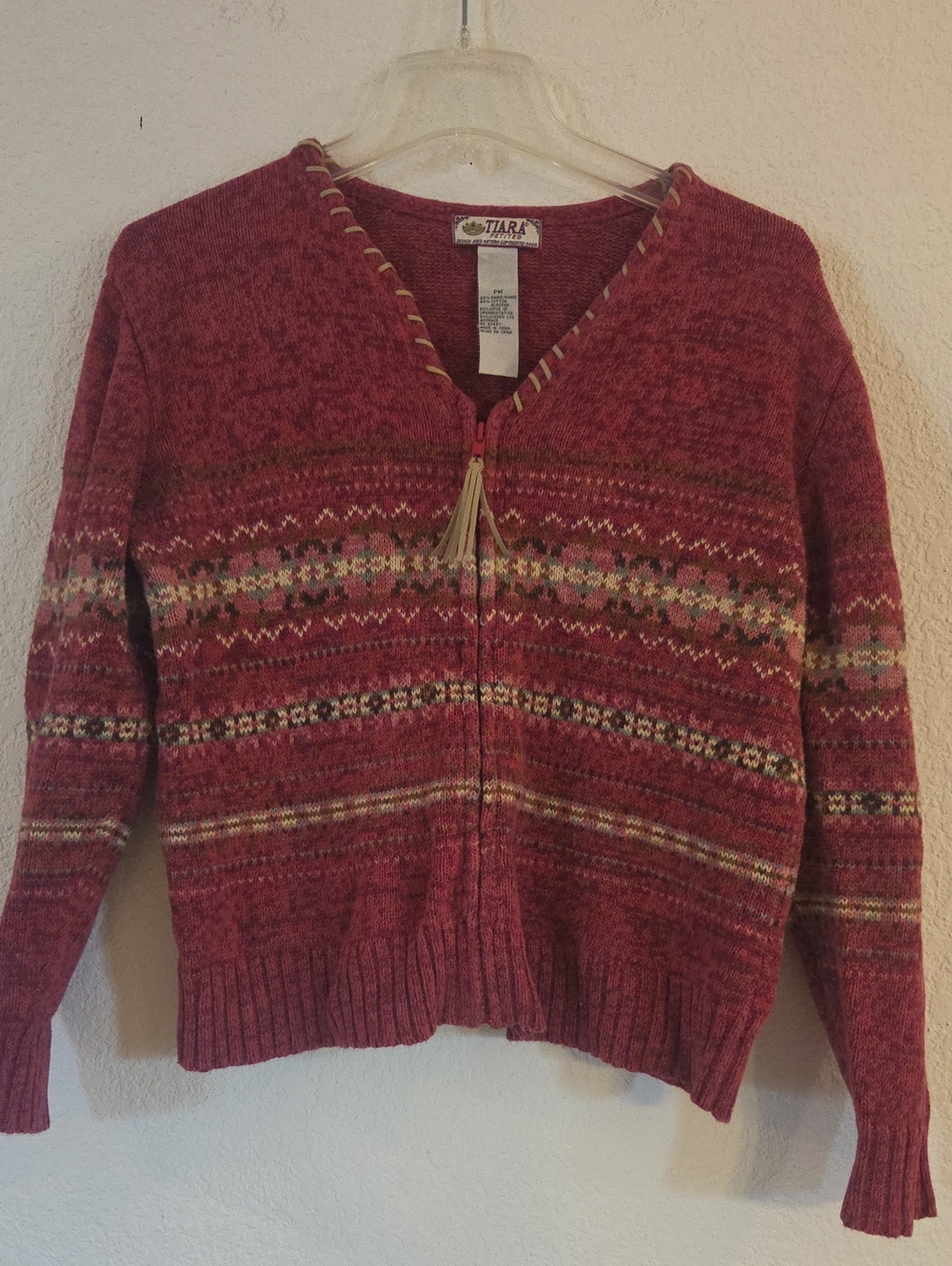 Tiara Rose-Red Fair Isle Zip Cardigan with Tassel